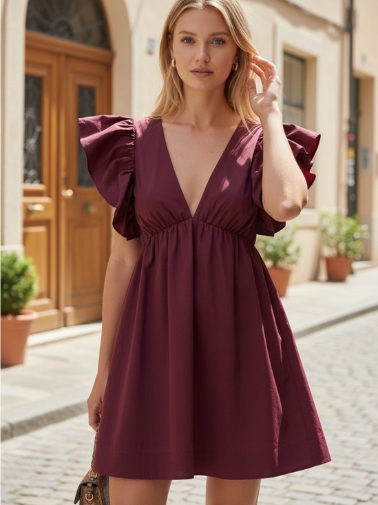 Day + Moon Dresses & Skirts - Day + Moon. Plunging V-Neck Ruffle Sleeve Mini Dress in Burgundy